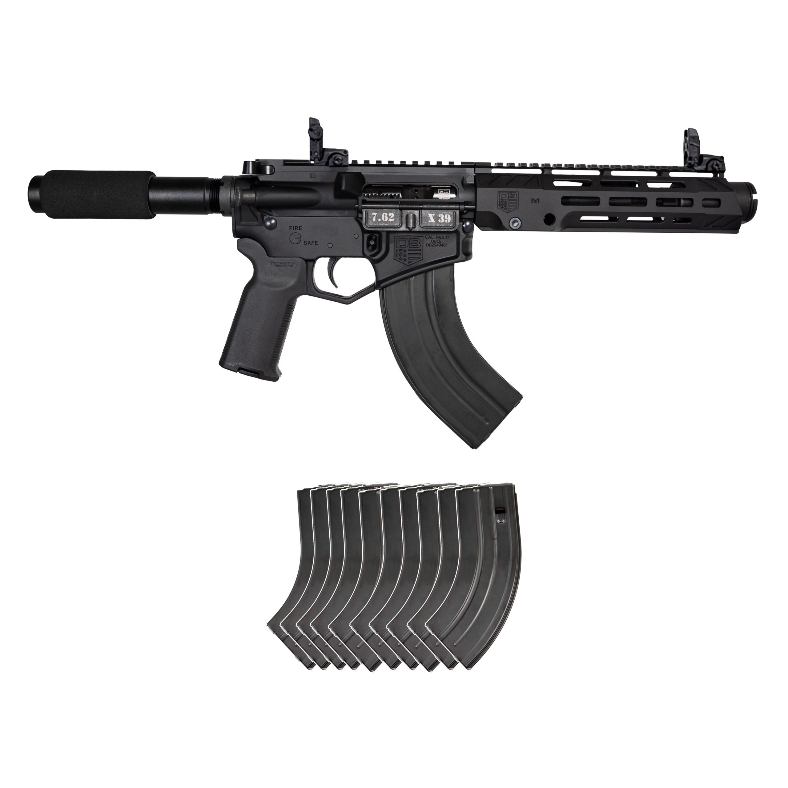 DIAMONDBACK 7.62x39 AR Pistol, 7 Barrel, W/ 9 M-LOK Rail, MBUS Sights, W/  10x Mags, Black - Diamondback Firearms