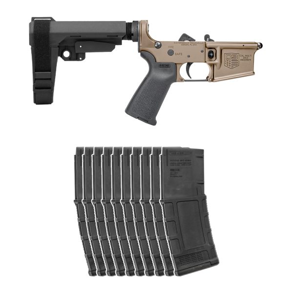 DB15 223/556/300BO COMPLETE ASSEMBLED AR PISTOL LOWER, FDE, w/ SB BRACE, | MAGS