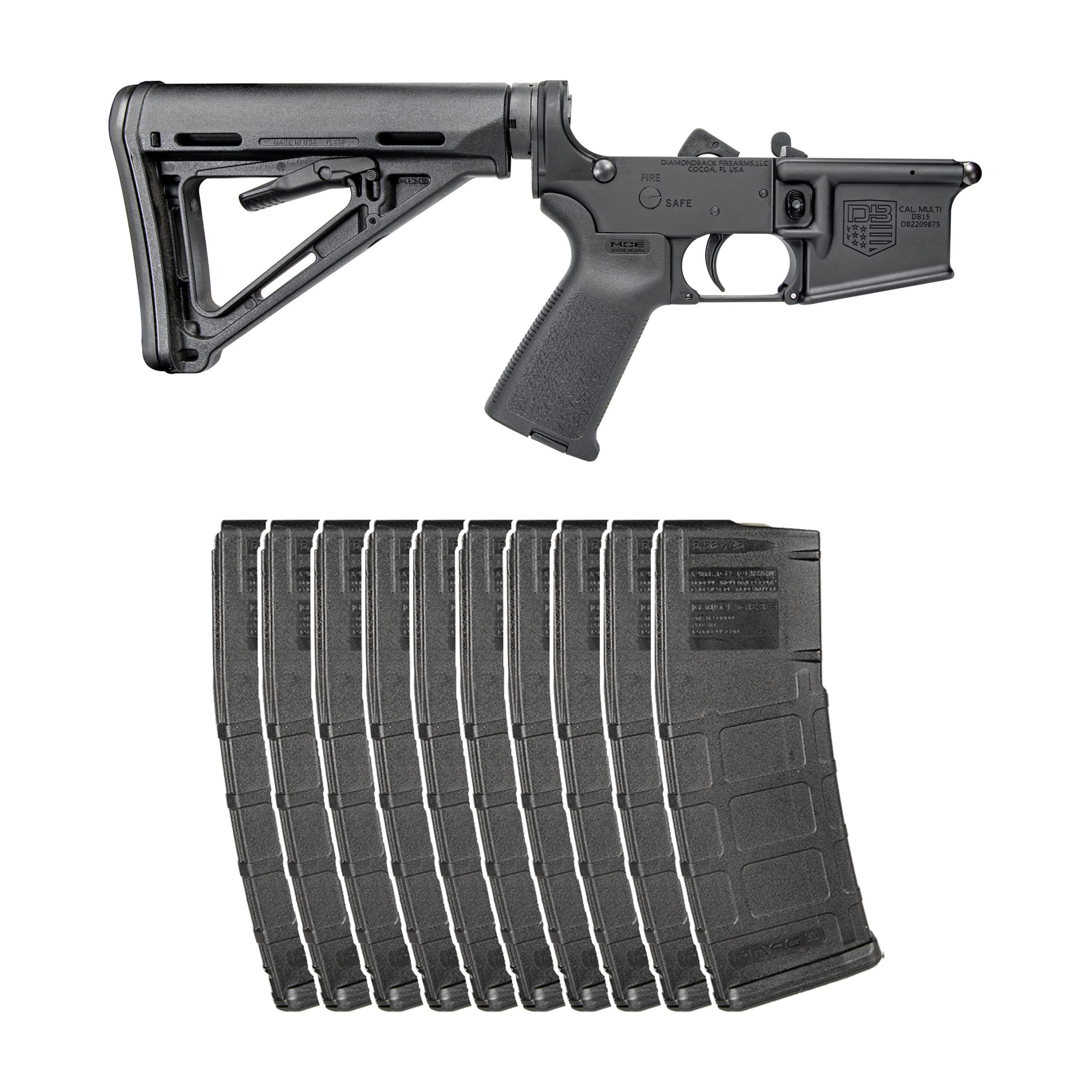 DB15 223/556/300BO COMPLETE CARBON SERIES RIFLE LOWER, BLACK, BUNDLE w/ MAGPUL 30RD MAGAZINES