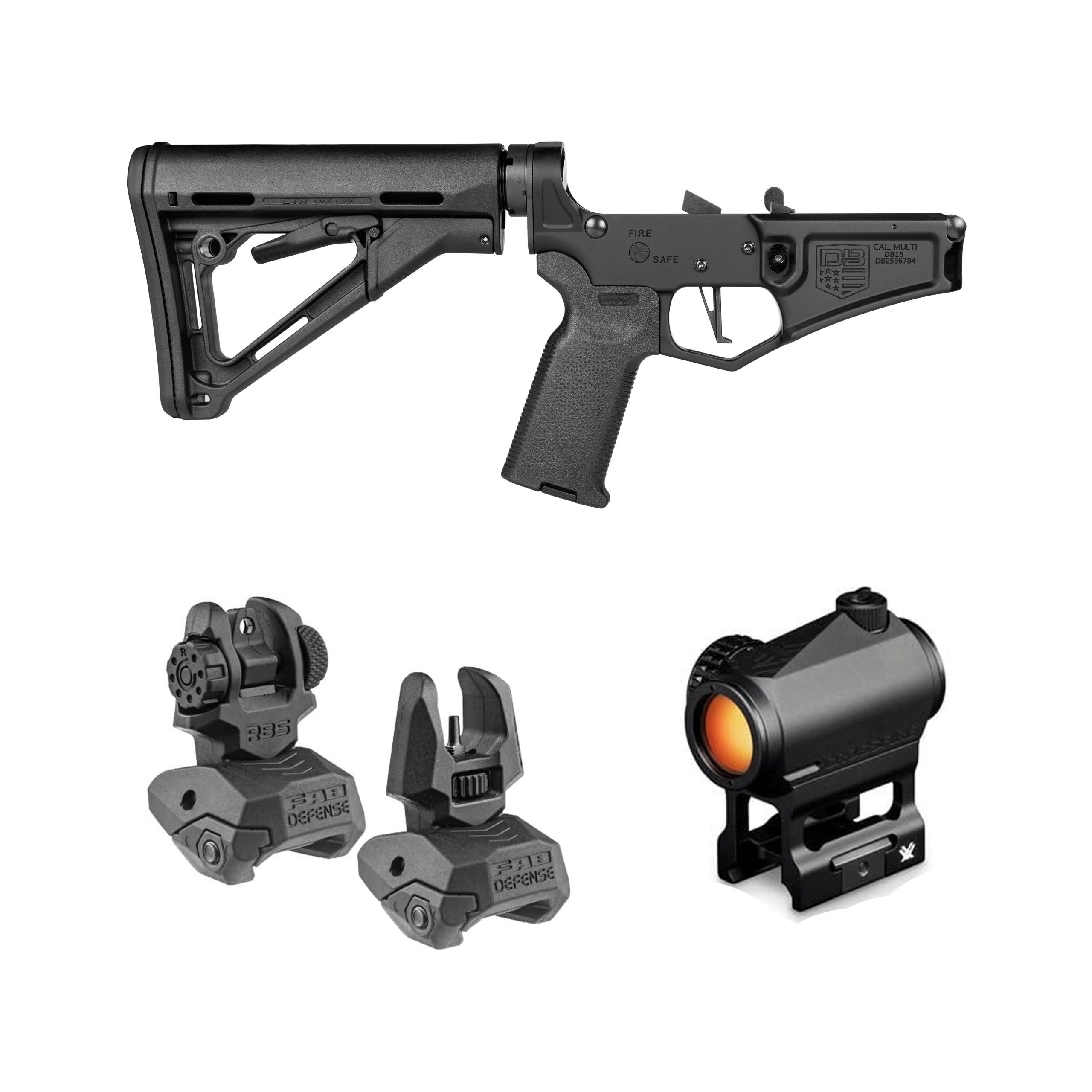 DB15 223/556/300BO COMPLETE ASSEMBLED DIAMOND RIFLE LOWER, CMC TRIGGER | VORTEX CROSSFIRE RED DOT | FAB FLIP UP FRONT & REAR SIGHT