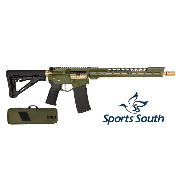 Sports South Exclusive, DB15, 16" Black Gold Series, w/ 15" M-LOK V Rail w/ Anti-Slip Texture Pads, 5.56 NATO, Green Cerakote & Gold Plated Accents, & SAVIOR EQUIPMENT SPECIALIST single rifle case in OD Green